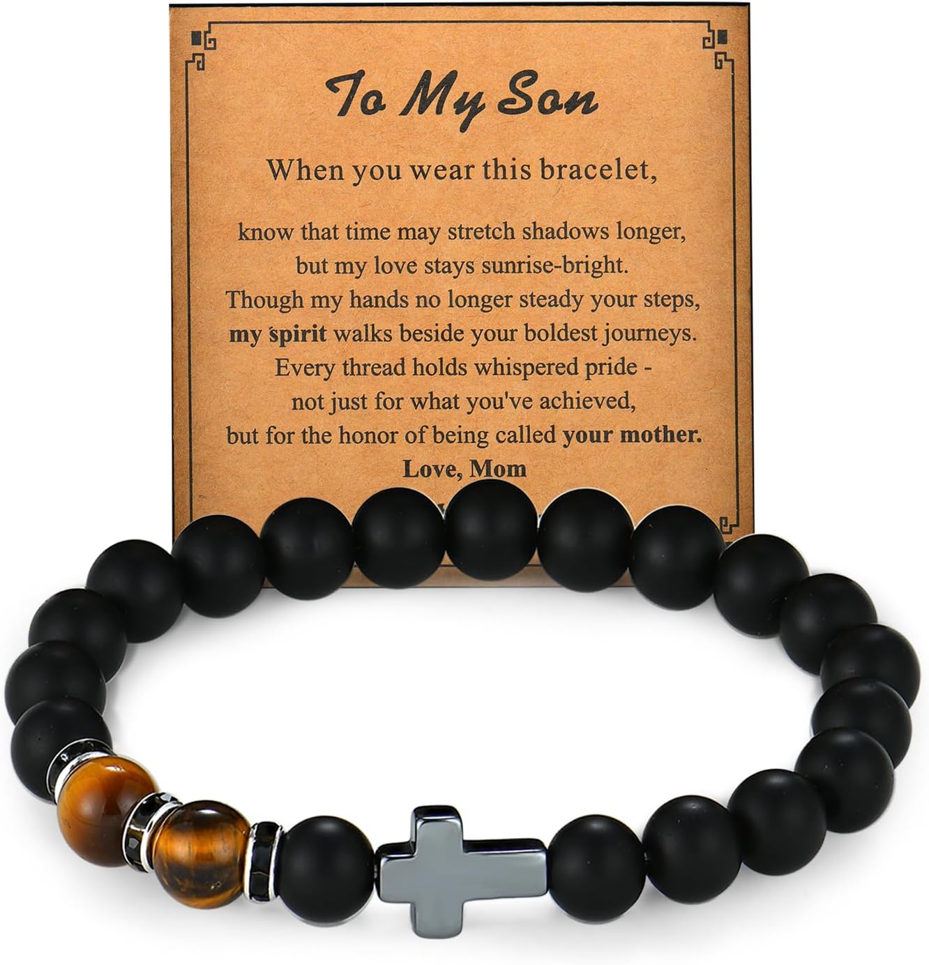 Fahonie Mens Cross Bead Bracelet, Black Onyx Beads Cross Charm Bracelet Faith Religious Christian Christmas Jewelry Gift for Men, Brothers & Sons Ideal Gift