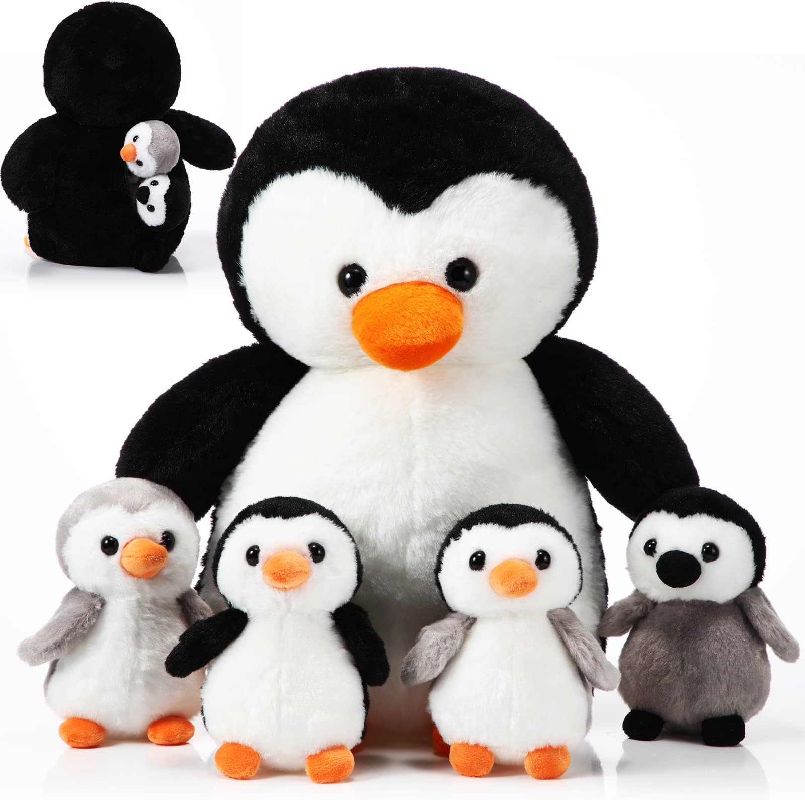 5 Pcs Valentine Stuffed Animal Penguin Plush Toy Set 14 Inch Mommy Penguin Stuffed Animal with 4 Cute Babies in Zippered Belly Soft Cuddly Plushie for Kids Valentine Gifts(Lovely Style)
