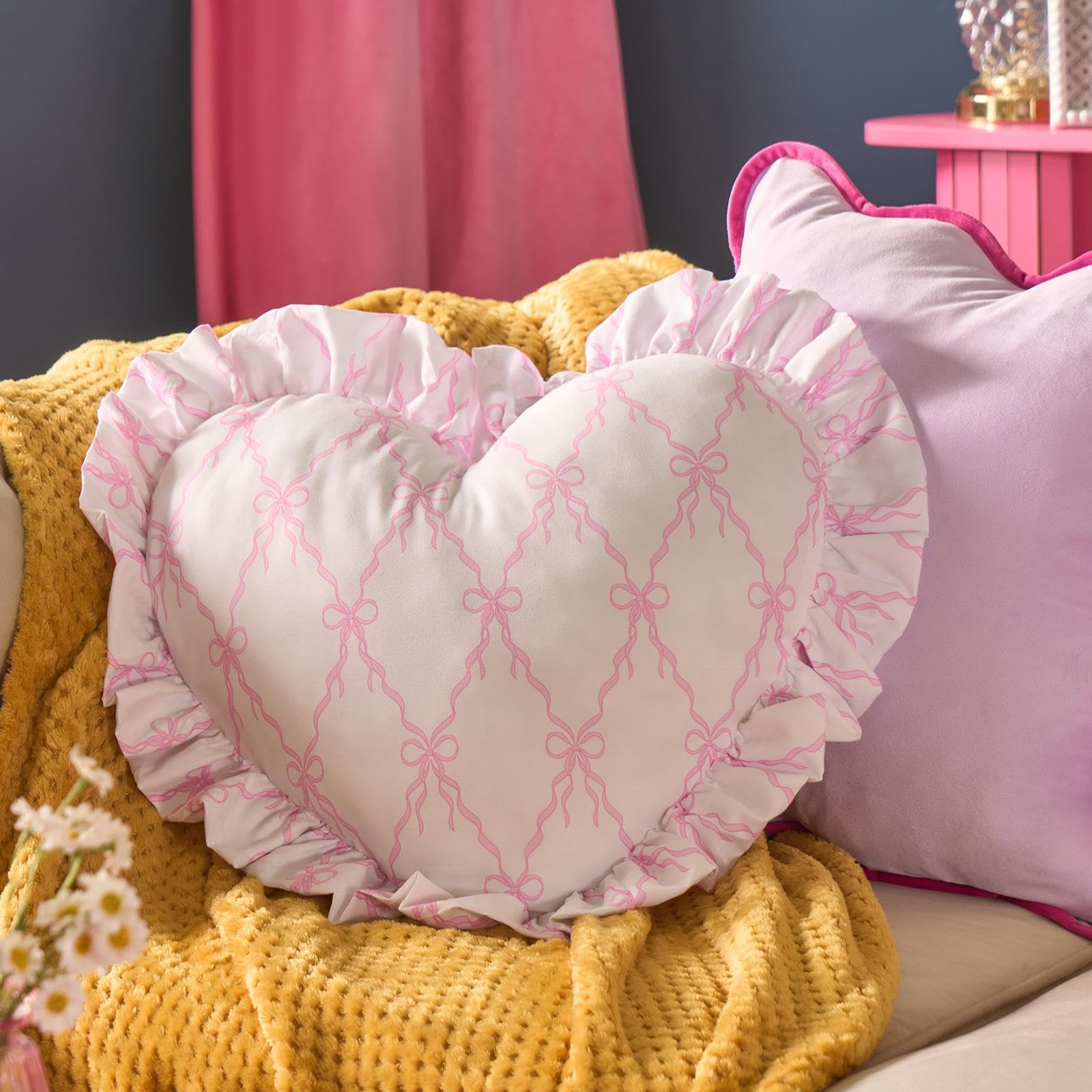 Ohs Pink - Hearts Bow Ribbon Heart Cushion, Valentines Gifts For Her Cosy Heart Pillow With Frill Edges Valentines Decorations For Home Living Room Bedroom Sofa Pink Room Decor Cute Pillows, White/Pink - 40Cm