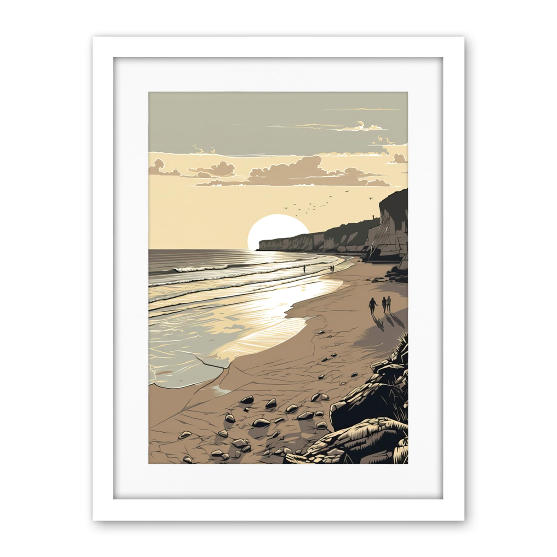Artery8 Sunrise Walk on Filey Beach Coastal Illustration Artwork Framed Wall Art Print 18X24 Inch