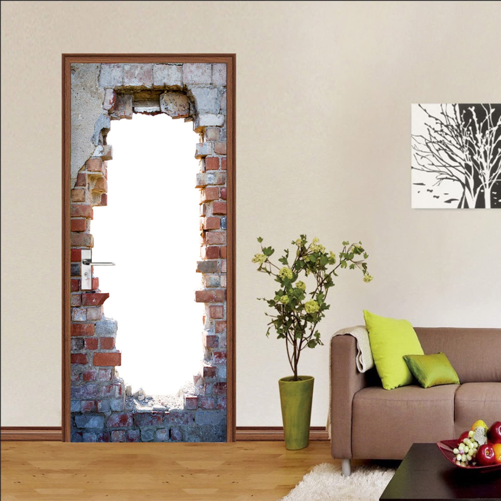 HAOTING 3D Door Mural Sticker Adhesive Shabby & Brick Wall & White Door Mural Self-adhesive 3D Living Room Bedroom Waterproof Photo Wallpaper Door Skin Poster Wallpaper 95x215 cm
