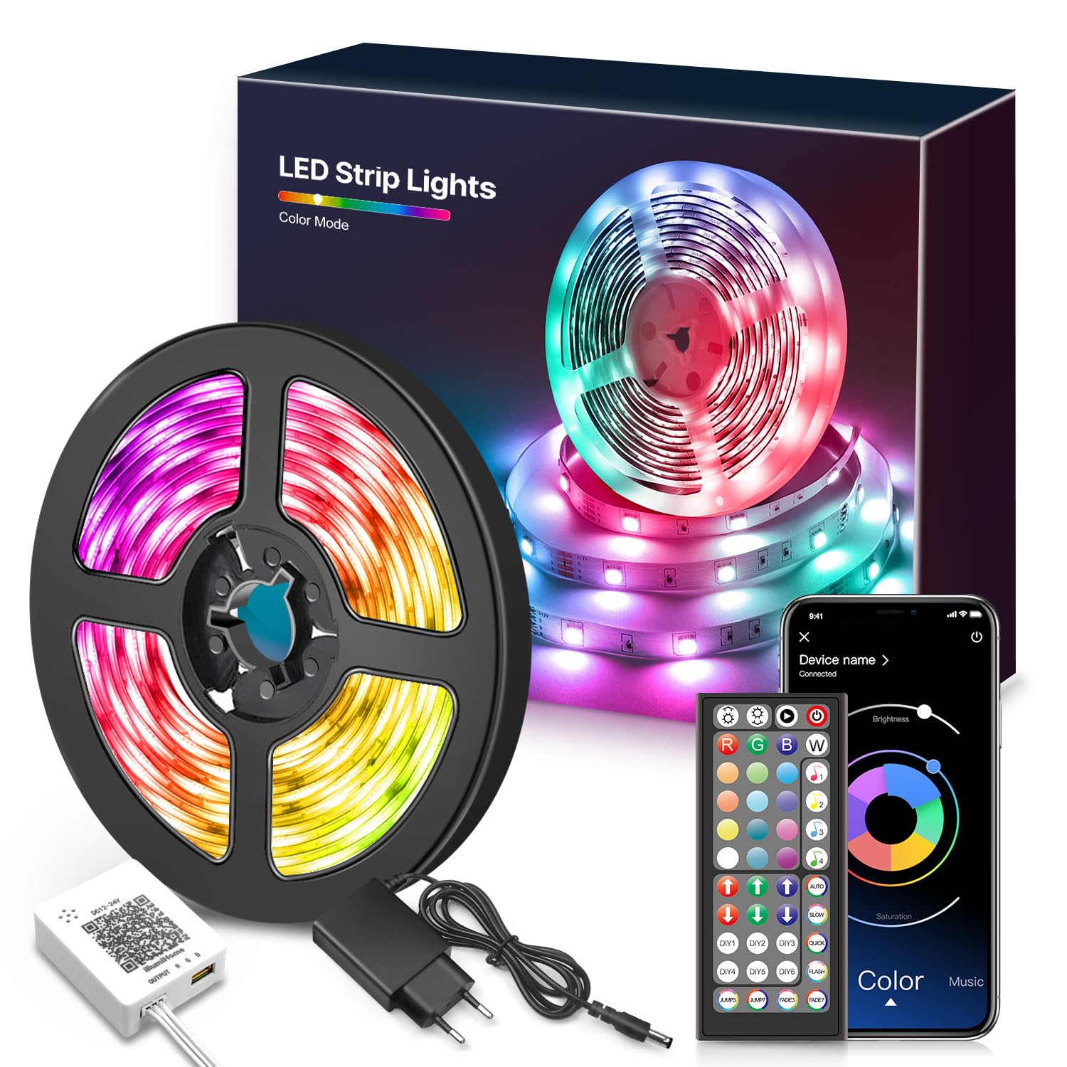 LED Strip 15M(1Rolle), Bluetooth LED Streifen RGB LED Lichterkette Licht mit Fernbedienung und App,16 Mio. Farben, Fernbedienung, Sync mit Musik, Beleuchtung Leiste Band für Schrankdeko, Zuhause