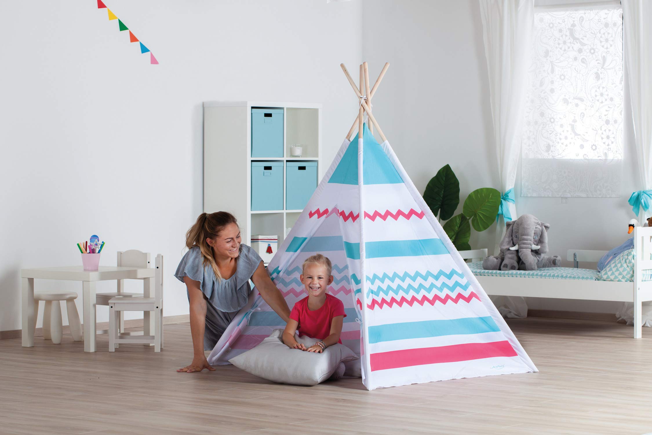 John 7026293 77204 Tipi Spielzelt, Weiß/Pink/Türkis/Natur Spielzeug