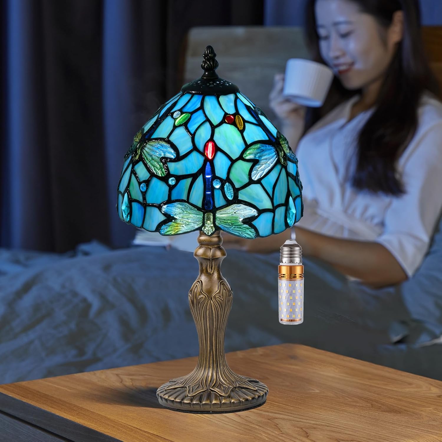 Small Tiffany Table Lamp, 3 Color-Temperature Dragonfly Stained Glass Lamp,8 Inch Tiffany Style Lamp for Bedroom Living Room Home, Handcrafted Light, Included Bulb (Blue)