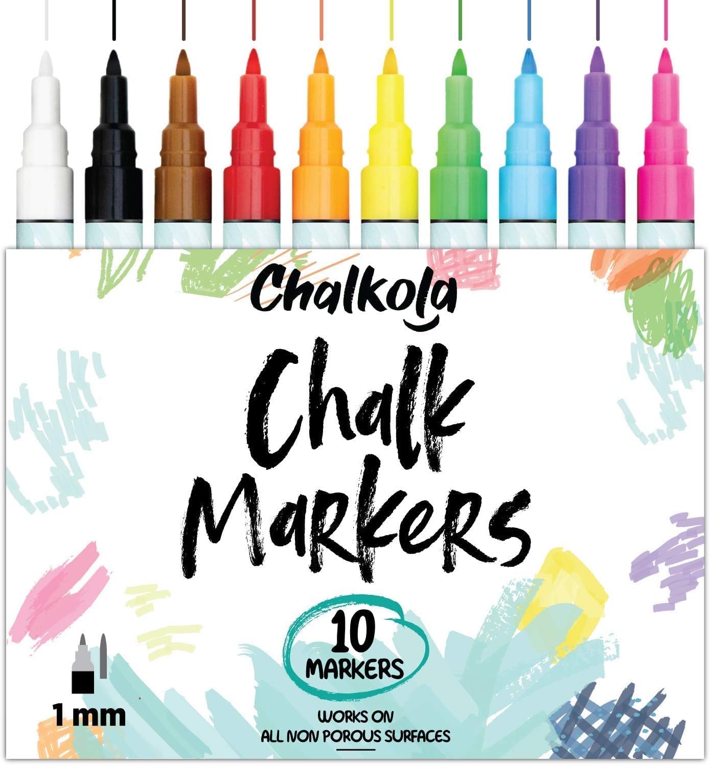 Chalk Markers Fine Tip (10 Pack, 1mm Extra Fine Point) - Neon Liquid Chalk Pens for Blackboards, Chalkboard, Bistro, Car Windows, Dry Erase Boards, Glass - Thin, Wet Erase, Erasable Chalkboard Markers