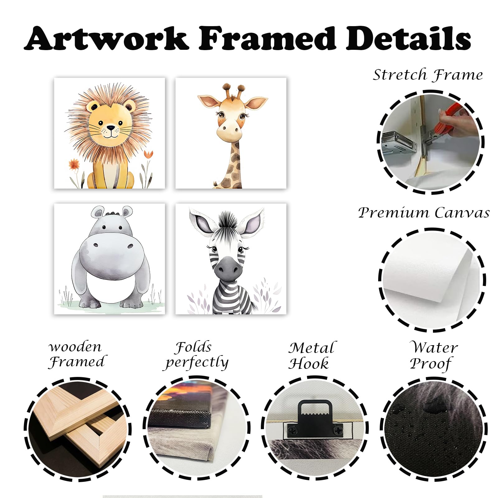 4-Piece Nursery Wall Art Set - Cute Animal Canvas Prints (Lion, Hippo, Donkey, Giraffe) For Baby Room - View #5
