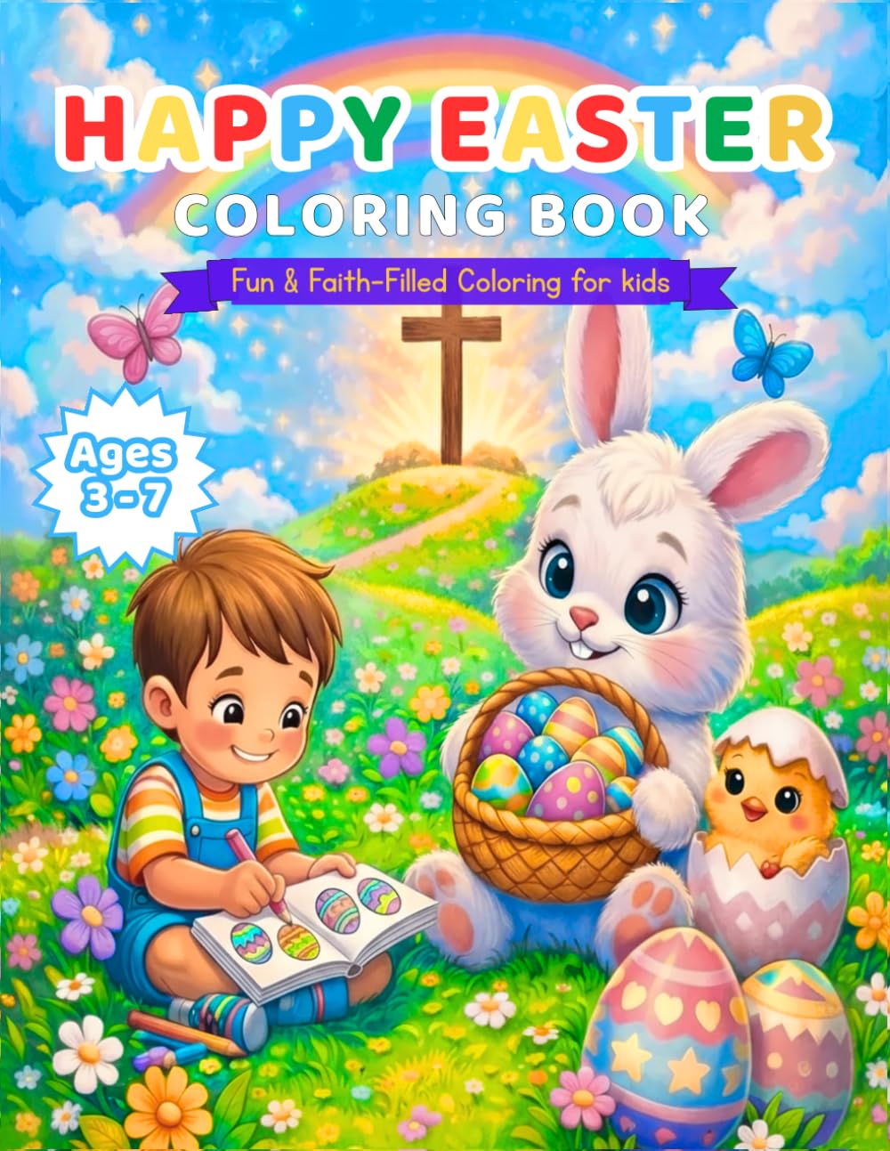 Happy Easter Coloring Book for Kids Ages 3 - 7: Christian Activity Book with Bible Verses, Bunnies, Eggs , Chicks and Achievement Certificate