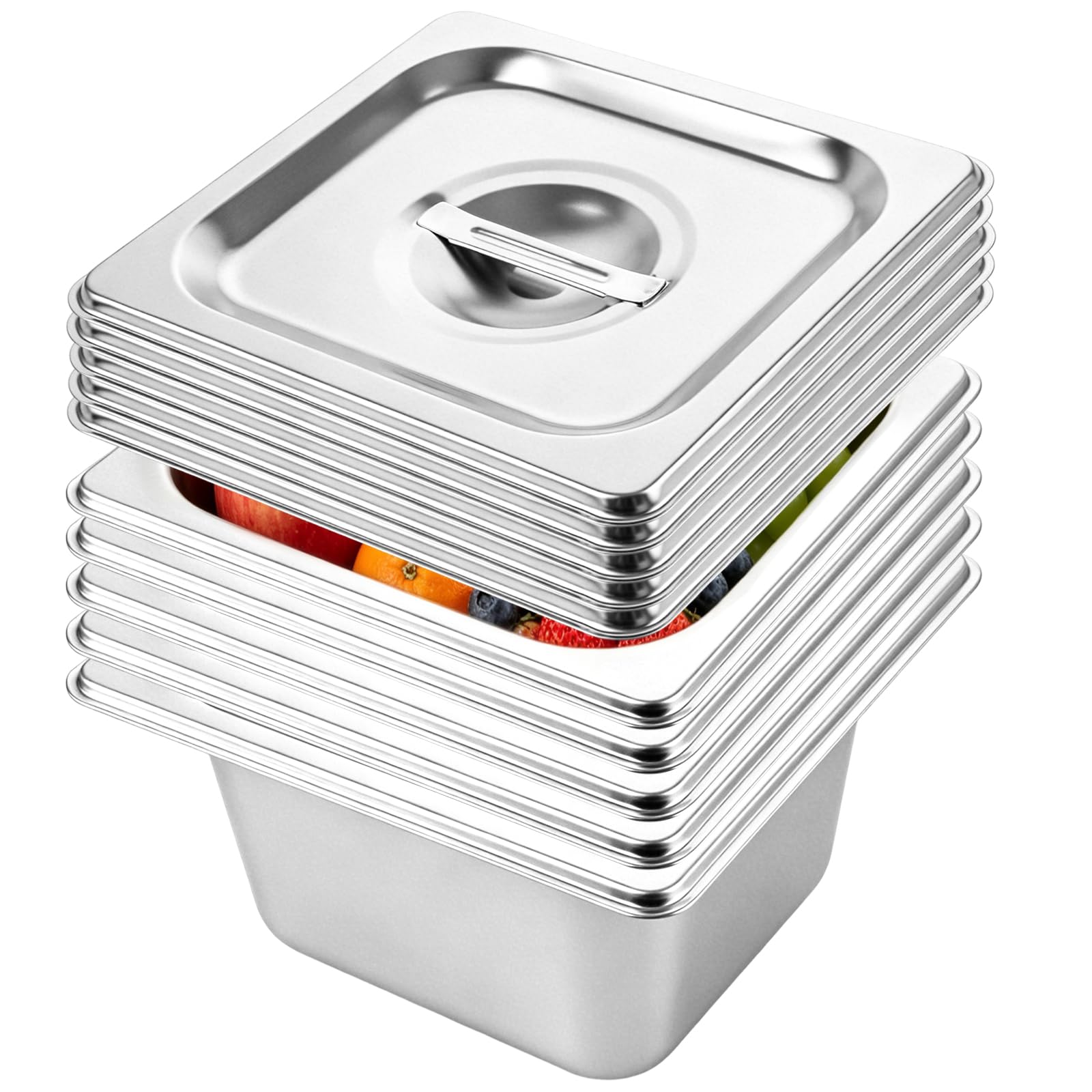 DAJAVE Set di 5 ciotole per panatura, contenitori GN 1/6, 176 x 162 x 100 mm, set per panatura, contenitori gastronorm in acciaio inox con coperchio, cotolette di carne e pesce
