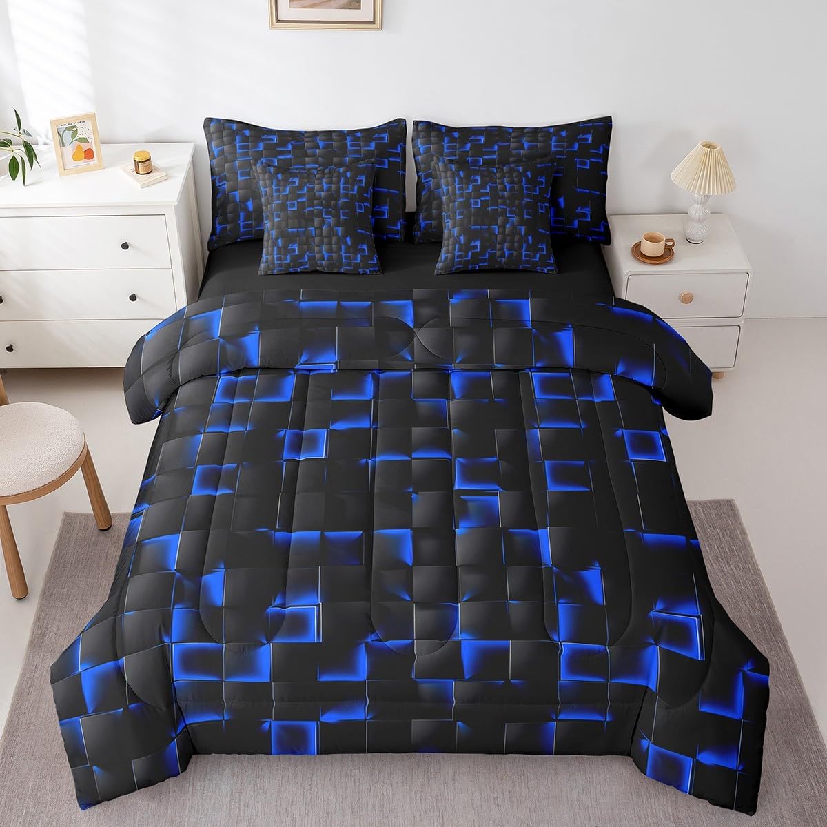Erosebridal 7 Piece Neon Black Blue Boys Full Comforter Set with Sheets Geometric Checkered Kids Bedding Sets Teen Men Gaming Room Decor,Abstract Ombre Plaid Bed in A Bag Grids Bed Set