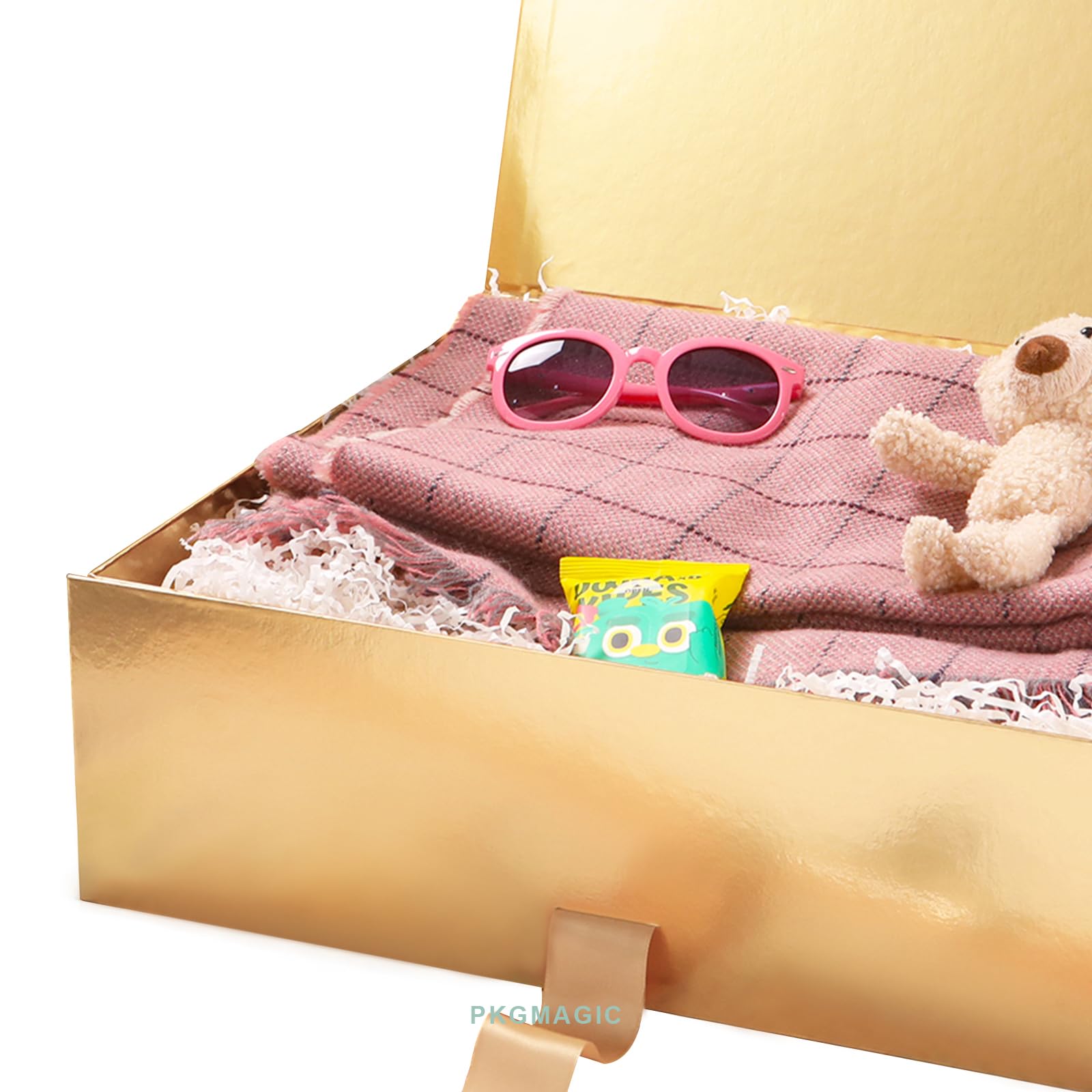 PKGMAGIC 3 x Geschenkboxen, extra groß, 41,4 x 36,07 x 12,7 cm, Geschenkboxen mit Band, extra große Geschenkboxen mit Deckel, Geschenkboxen für Kleidung und große Geschenke (Gold glänzend)