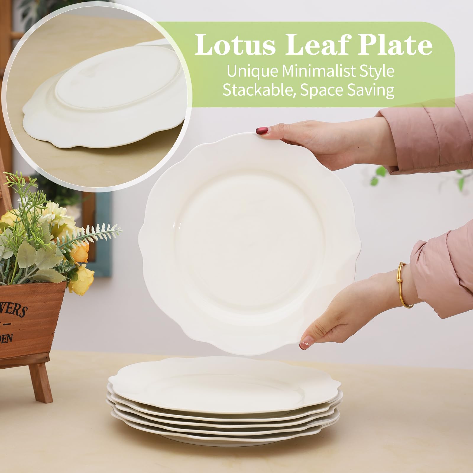 Piatti piani da insalata in porcellana con bordo largo 26 cm, 8 pezzi, a forma di foglia di loto, piatti per pasta/pasta, bordo ondulato, resistenti ai graffi, adatti a microonde, forno e