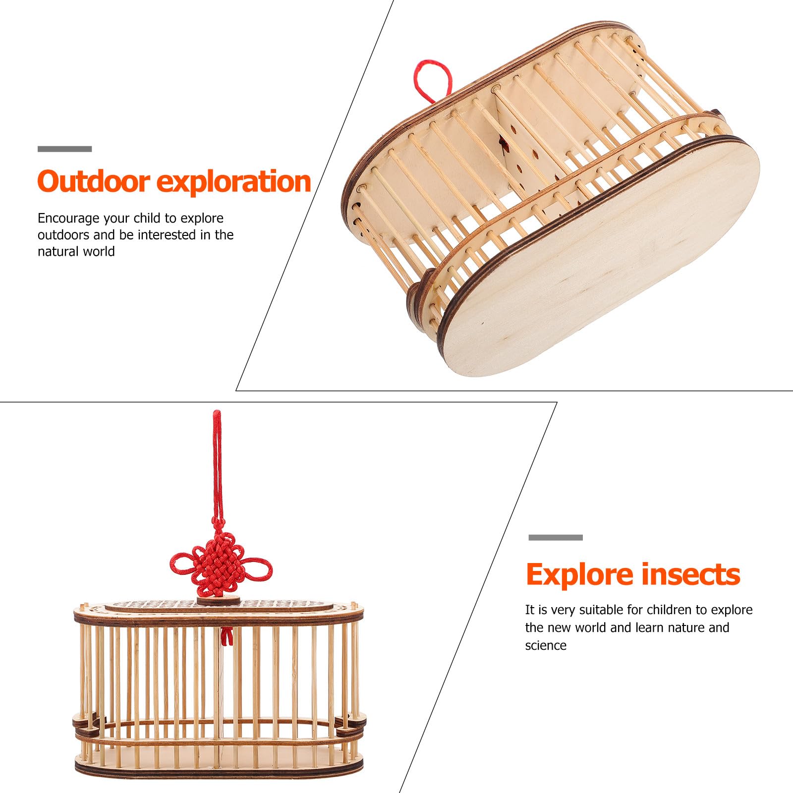 Jaula de Madera para Grillos Portátil, Doble Compartimento Ovalado, Pequeña y Ligera, Adecuado para Exteriores y Exploración Infantil, Caja de Almacenamiento Natural y Resistente