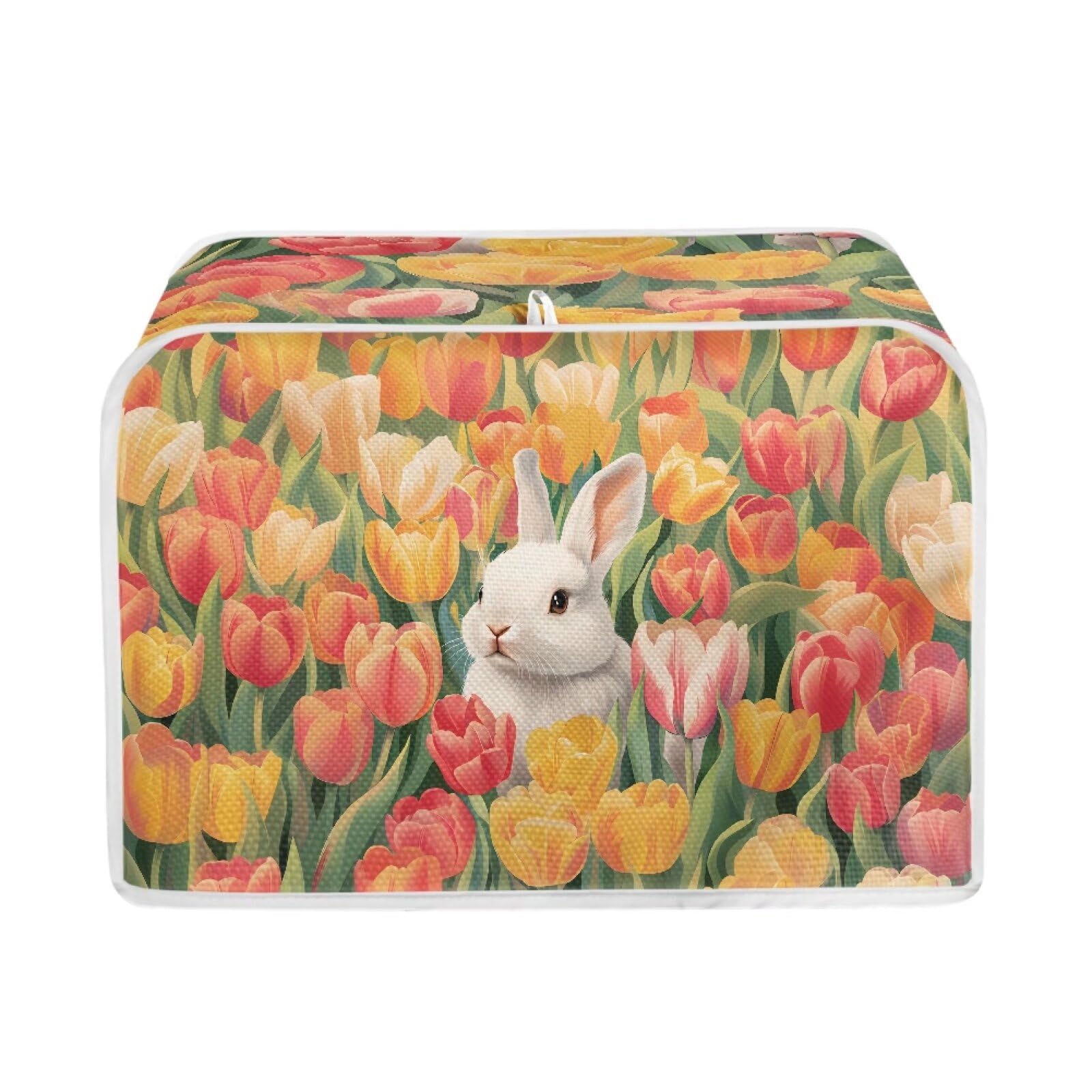 Tulip Rabbit 2 Slice Toaster Covers for Easter Kitchen Home Dustproof Decorative Accessories Lightweight with Top Hook Bread Maker Oven Fingerprint Cover Universal Fit