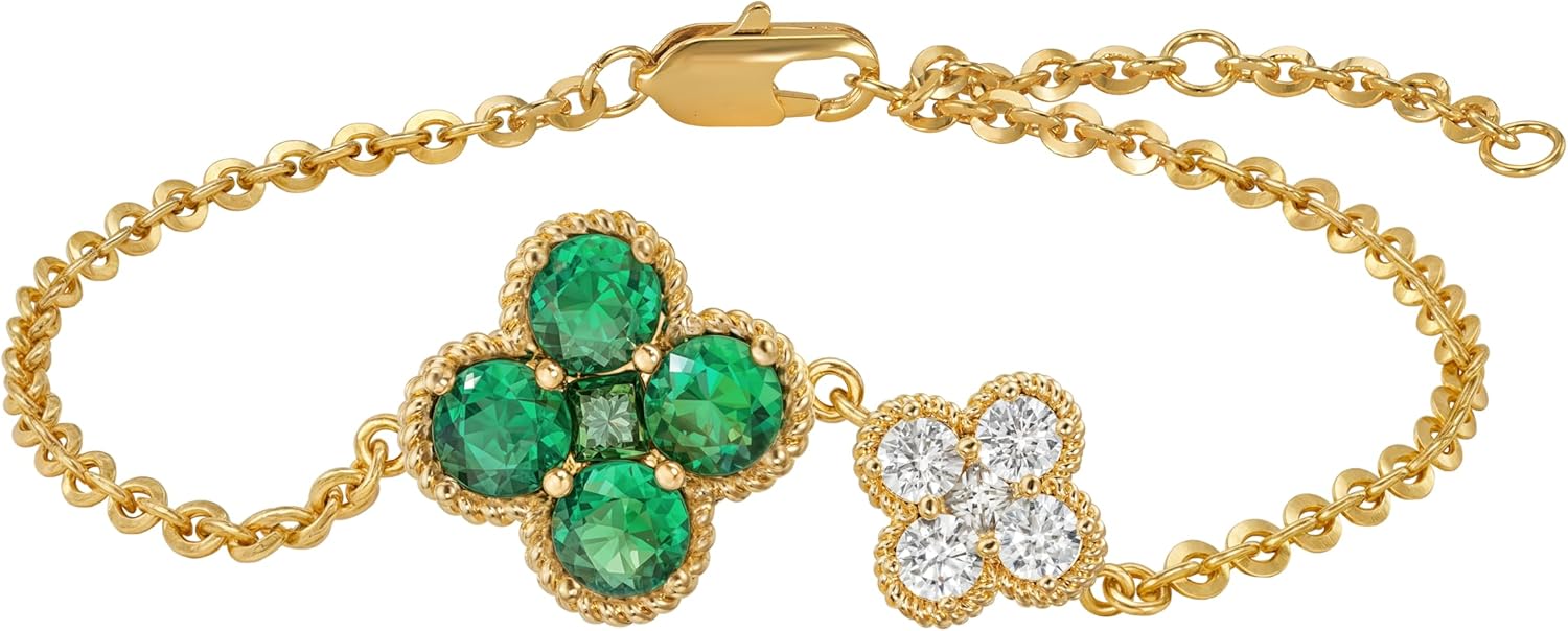 MYEARS Flower Bracelet for Women Gold Sideways Double Four-leaf-clover Link Charm 12 Month Birthstone Cubic Zirconia 14K Simple Dainty Thick Chain Floral Lucky Jewelry Gift