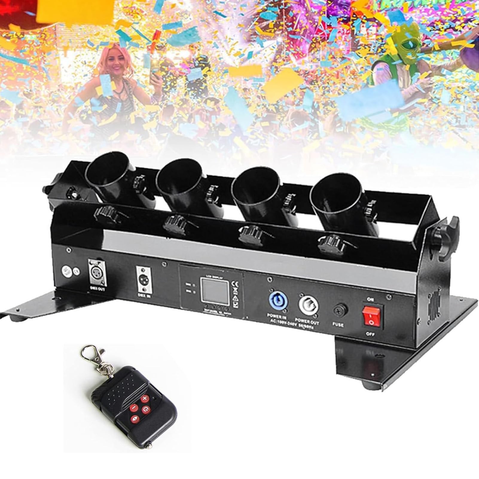 Máquina de cañón de confeti, lanzador de confeti, 4 disparos, profesional, eléctrico, inalámbrico, DMX 512, control remoto para bodas, discotecas, espectáculos, clubes, escenarios, fiestas