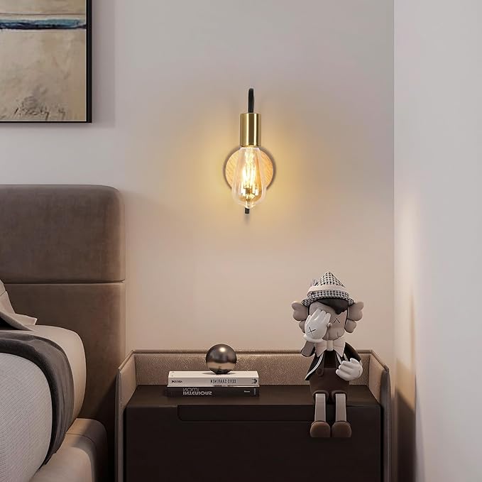 Osairous Vintage 2 Pack Wandlamp, Industriële Interieur Wandlamp, Retro IJzeren Wandspot voor Slaapkamer Gang Bar, E27, IP20, Houtkleur, Zonder Lamp photo 2