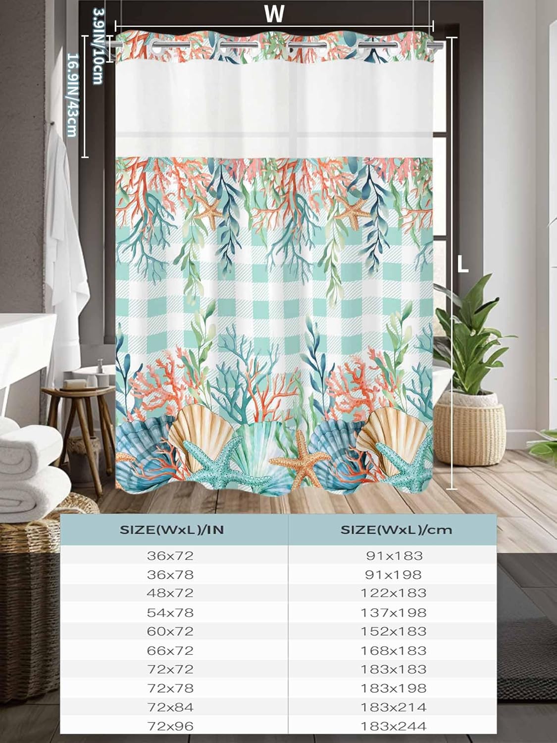 No Hook Shower Curtain, Summer Coastal Long Bathtub Curtains with Snap in Liner, Watercolor Corals Shells Starfish Green Plaid Waterproof Washable Fabric Bathroom Curtain Sets, 72" x 78"