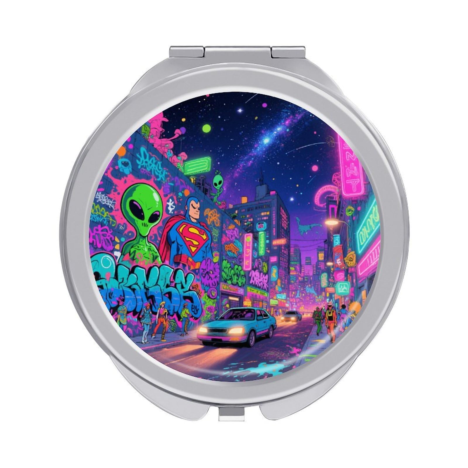 Fekiloot Style Graffiti City Travel Makeup Mirror Handheld Compact Mirror Portable Pocket Mirror Double-Sided 1X/2X Magnifying For Handbag And Purses