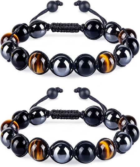 2PCS Triple Protection Bracelet, Tiger Eye Bracelet for Men and Women Black Hematite and Obsidian 10mm Crystal Beads Bracelet Handmade Gifts for Luck Prosperity