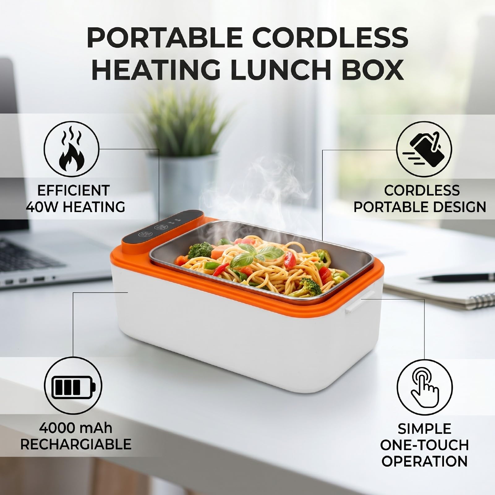 Lunch Box Elettrico, Scaldavivande Portatile Ricaricabile Autoriscaldante Contenitore per Pranzo Riscaldato in Acciaio Inossidabile per Campeggio in Auto da Ufficio