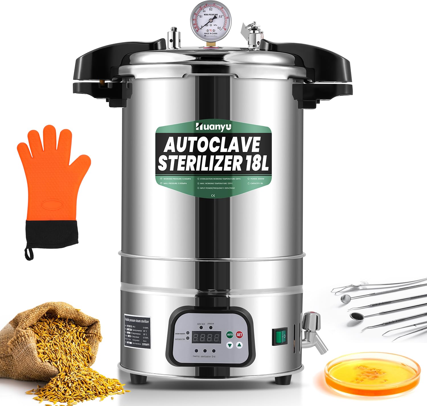 Huanyu 18L Autoclave Sterilizzatore Automatico a Vapore Controllo intelligente Laboratorio Autoclavi Elettriche Temperatura e Tempo Sterilizzatore a Vapore ad Alta Pressione Regolabile