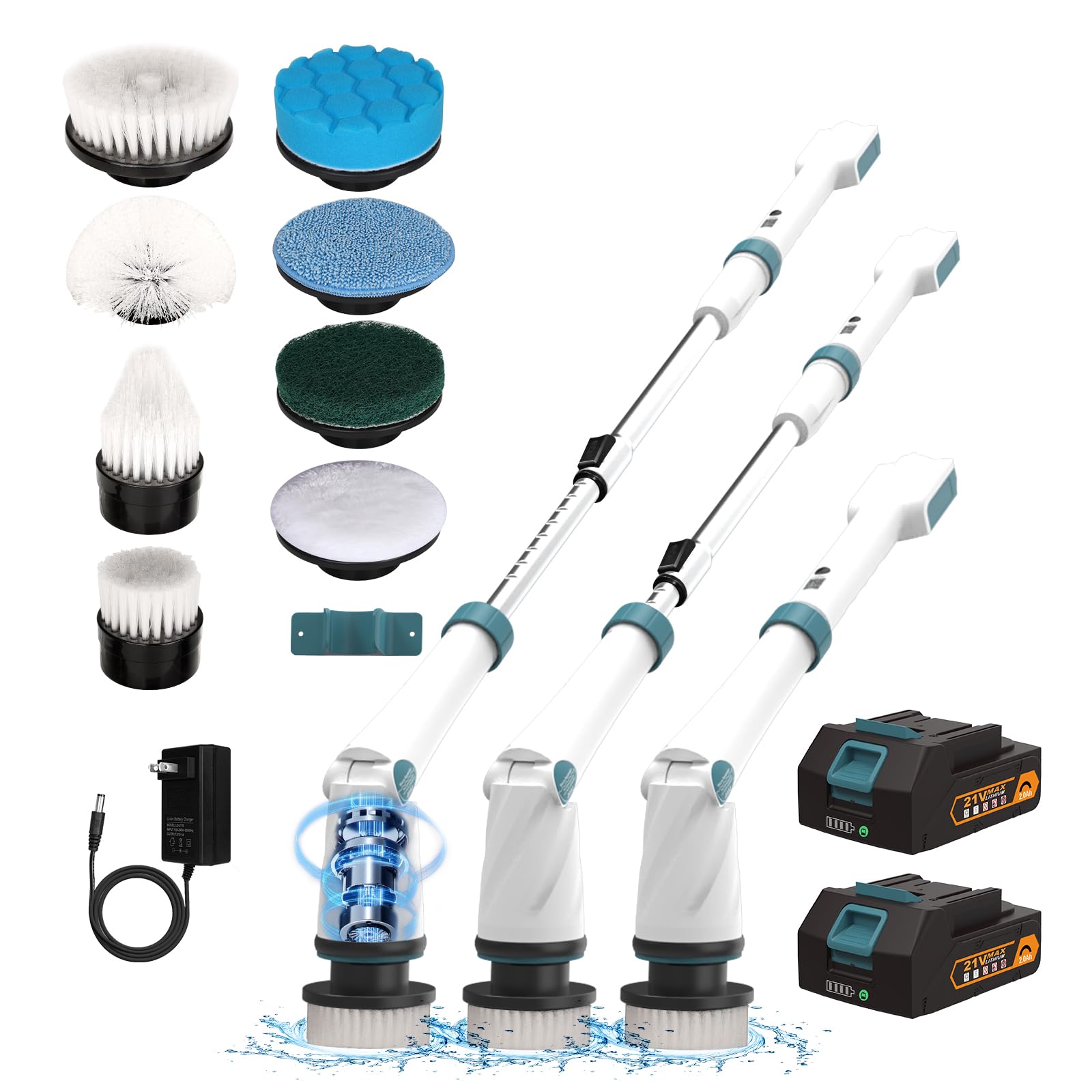 BHY Electric Spin Scrubber - 1200RPM Shower Scrubber Cordless Cleaning Brush with 2 Packs Battery&Charger, 8 Replacement Head,3 Adjustable Extension Handle for Bathroom Tub Tile Floor