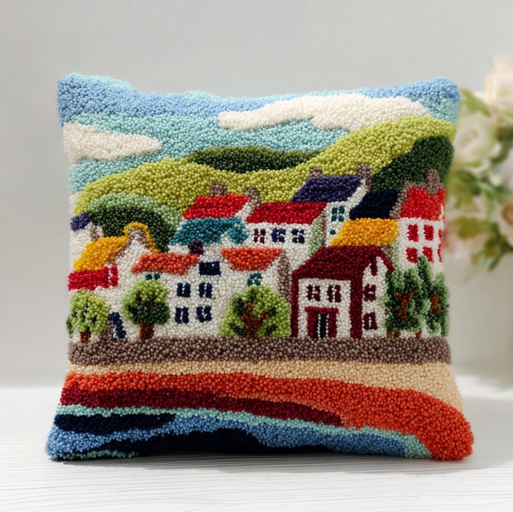 Wallustrioaw Cartoon Village Latch Hook Kit Cushion Latch Hook Kit,