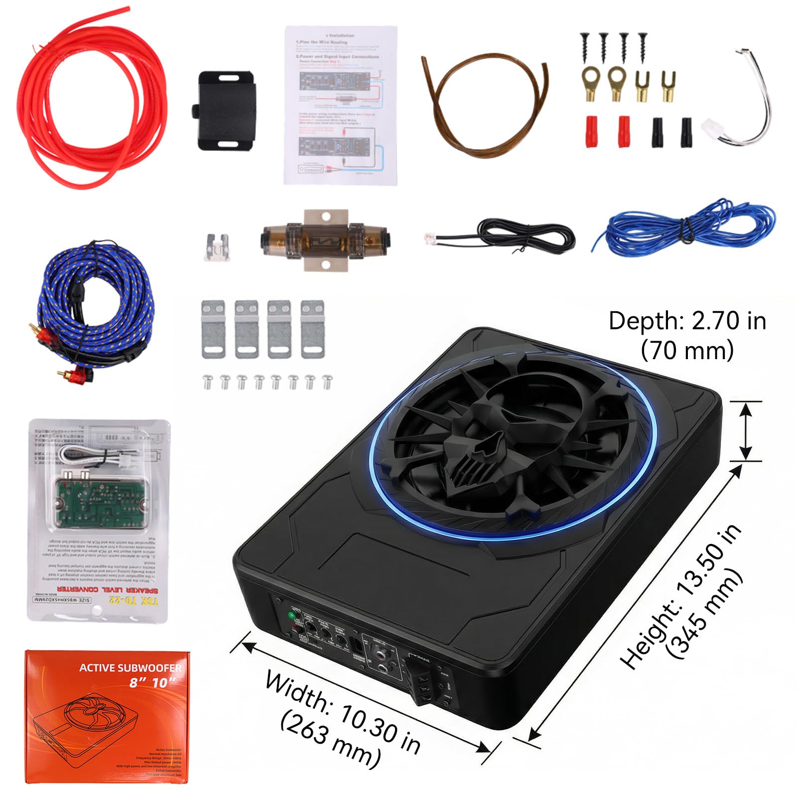 OiLiehu Subwoofer para Coche de 10 Pulgadas y 1200W, Subwoofer con Sonido Envolvente Estéreo, Amplificador de Audio Integrado, con Luz Ambiental LED Multicolor