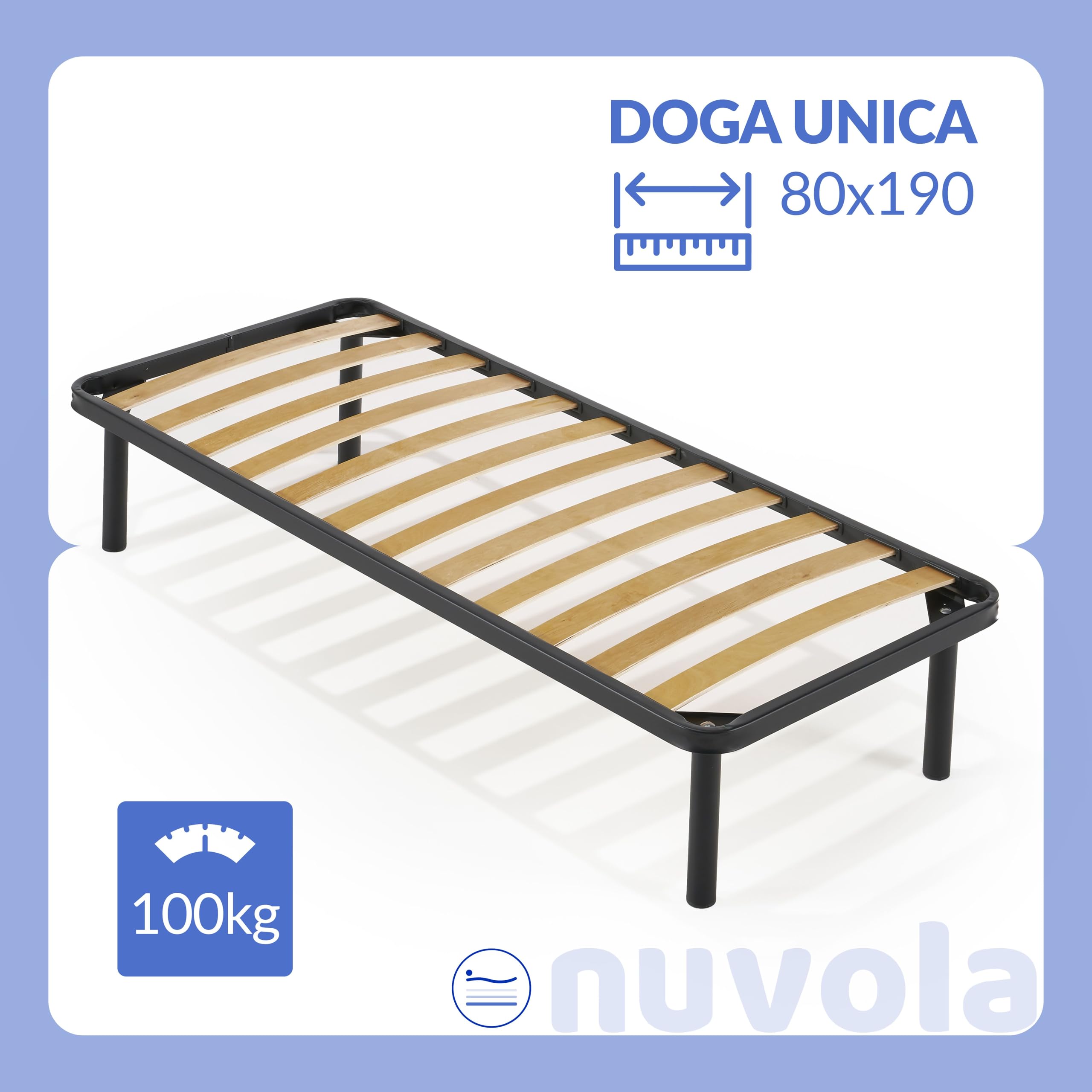 NUVOLA Atena - Rete Letto Singolo 80x190 con Doghe in Legno, Rete Singola Ortopedica con Struttura in Ferro e Piedi Smontabili, Durevole e Robusta - Ideale Per Tutti i Tipi di Materassi, Made in Italy