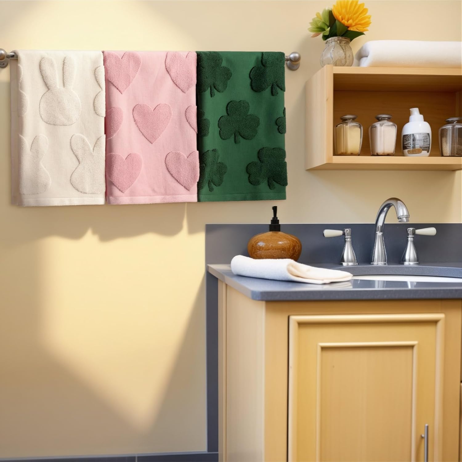 3 Pcs Seasonal Hand Towels Set Holiday Jacquard Bath Towel Bunny Shamrock Easter St. Patrick's Day Valentine's Day 29.5 x 13.8 Soft 100% Cotton Kitchen Towel Gift for Home Bathroom Spring Decor - Image 4