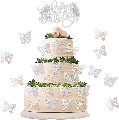 25 decoraciones de mariposa para tartas con purpurina 3D de mariposa con decoración de pastel de feliz cumpleaños para boda, aniversario, baby