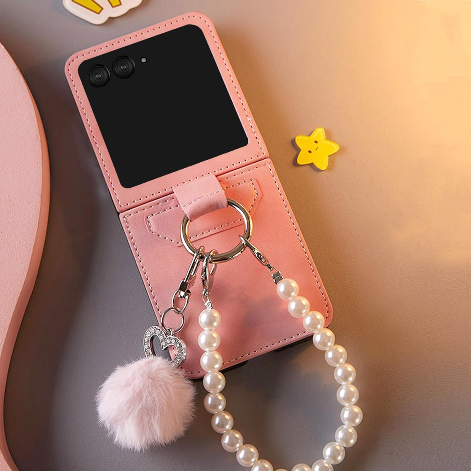 for Motorola Razr 2024/2025 Case with Hinge Protection & Chain, Cute Pink Razr 2024/2025 Phone Case for Women Girls, Full Protection Anti-Scratch Flip Case for Moto Razr 2024/2025