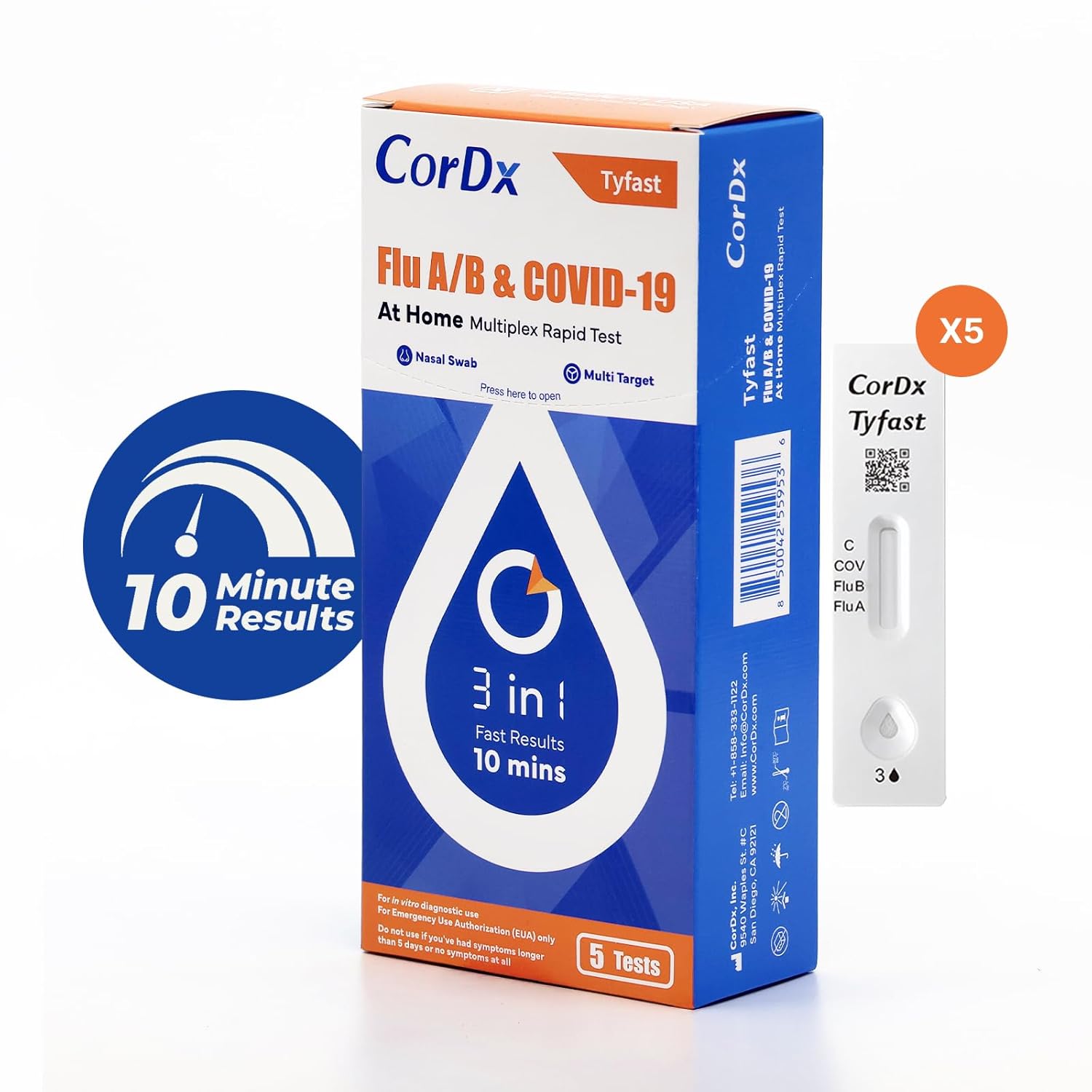 CorDx TyFast 10 Mins Flu A/B & Covid 19 Multiplex Rapid Test, Results in 10 Minutes—Precision Skip The 15 Wait, EUA Authorized, at Home 3 in 1 Combo Kit, 5 Tests, Use-Friendly & No Discomfort thumbnail
