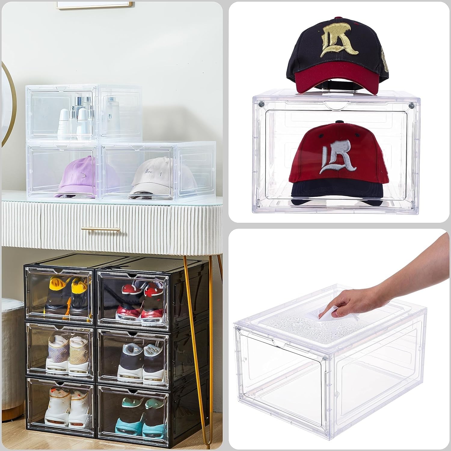 Attelite Organizer per cappelli in plastica solida per cappelli da baseball, confezione da 8 scatole impilabili per cappelli, porta cappelli con porta magnetica trasparente, elegante espositore per