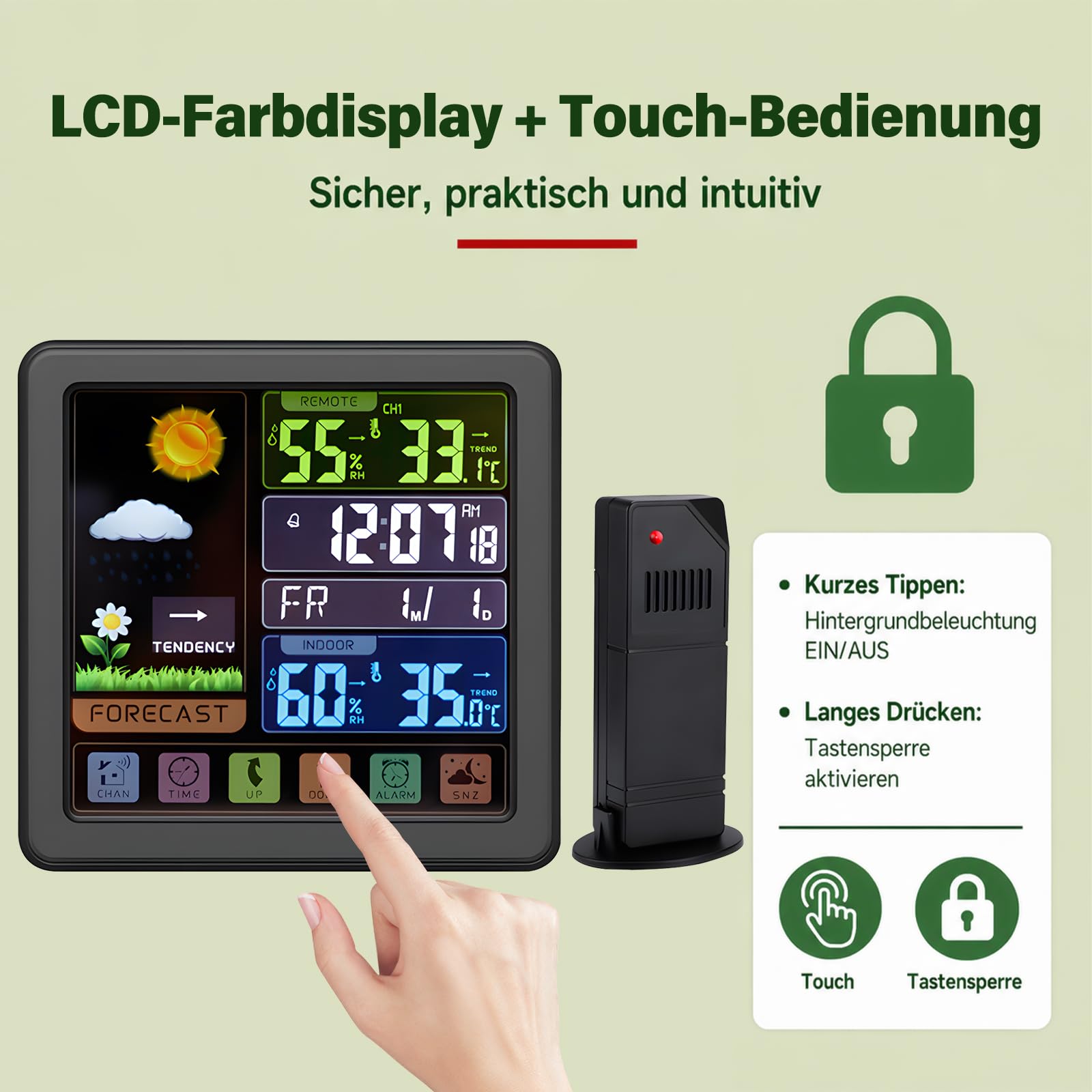 Wetterstation Funk mit Außensensor, 6.1 Zoll Touchscreen Farbdisplay mit Sperrfunktion, Innen Außen Thermometer Hygrometer, Wettervorhersage, Wecker mit Schlummerfunktion, Zuhause Garten Büro