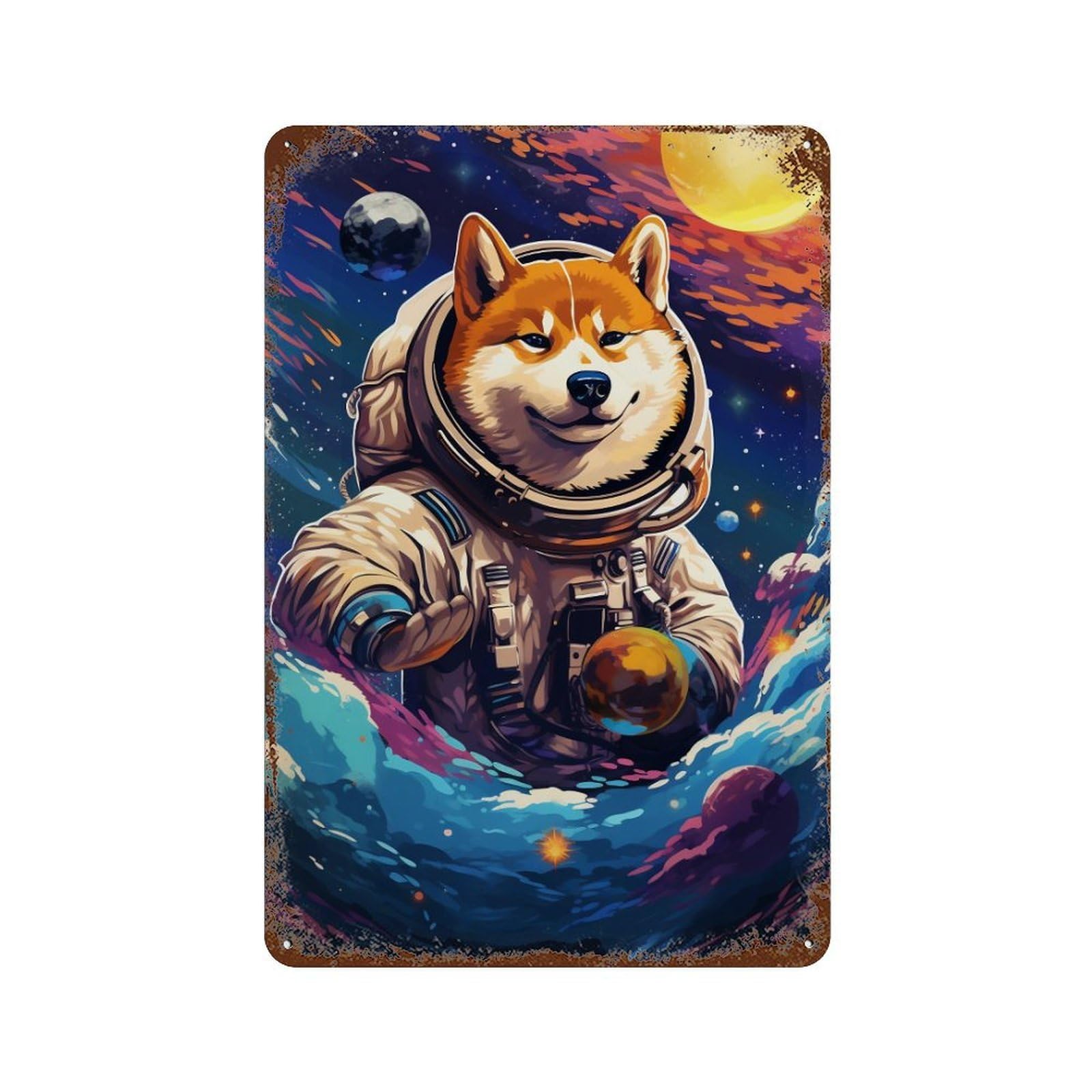 Space Dog Astronaut Art-31 Weathered Tin Sign 11.8"x7.9", Rustic Home Decor for Garage, Pub Or Kitchen