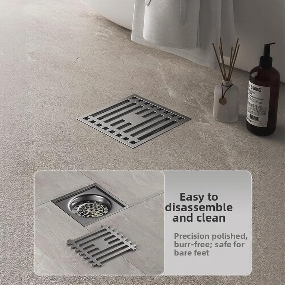 Scarico a pavimento in acciaio inox con anima in rame, controllo automatico e filtro detriti per doccia bagno, grigio, 10 x 10 cm (5)