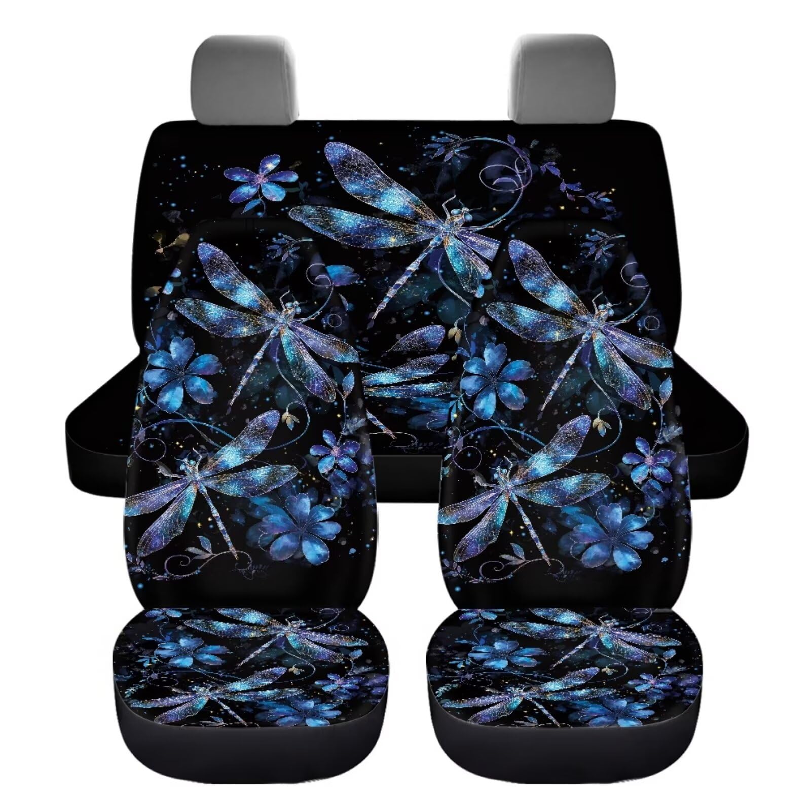 BIGCARJOB Purple Dragonfly Auto Seat Covers Full Set,2 Pcs Art Dragonfly Car Front Seat Protector+2 Pcs Back Seat Covers Travel Pet Dog Blanket Auto Interior Accessories Decor