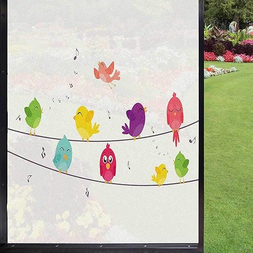 Película de privacidad para ventana de pájaro sobre alambre, animales alados de dibujos animados y notas musicales sobre fondo liso para puerta