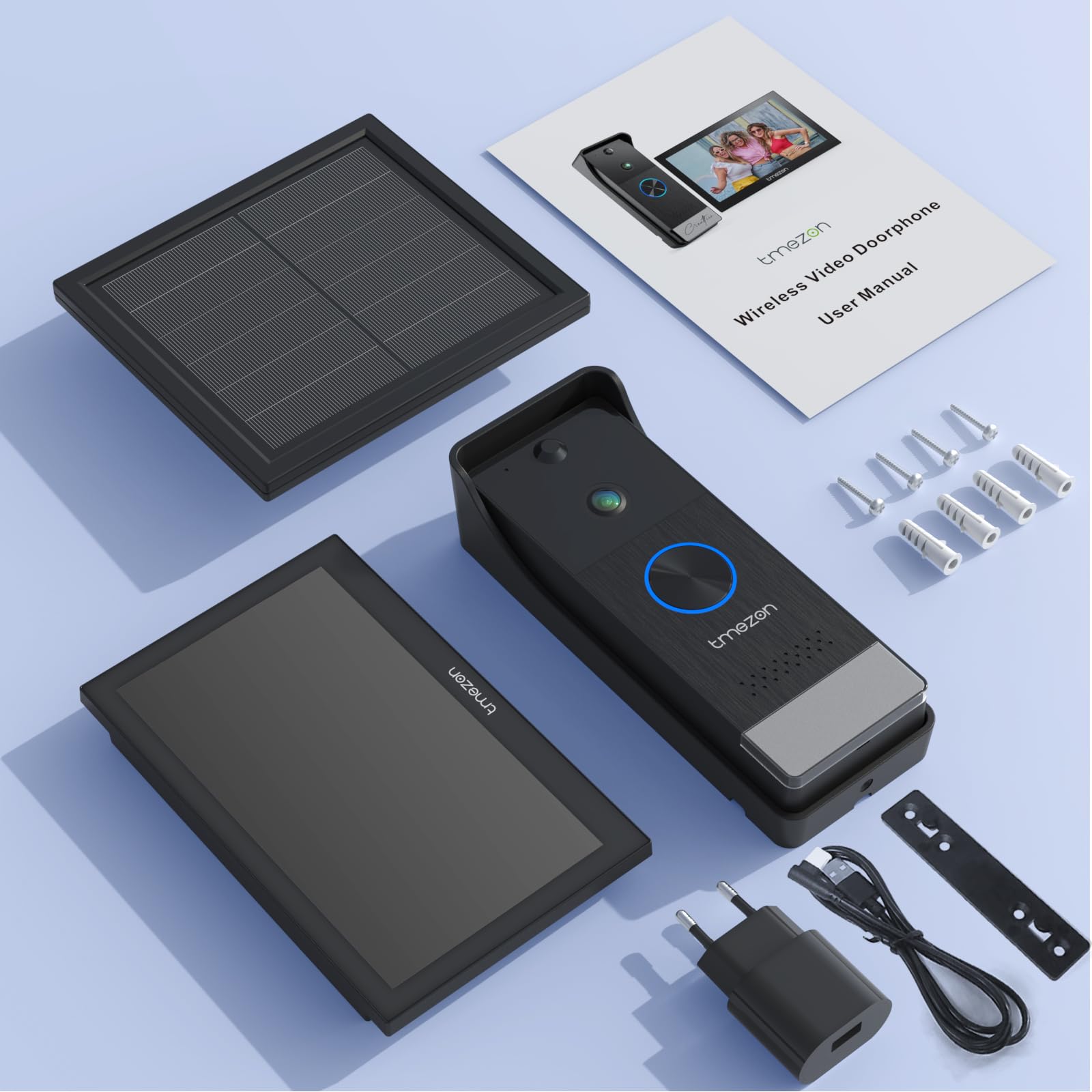 TMEZON Visiophone sans Fil avec Panneau Solaire,Kit Interphone Vidéo WiFi 1080P, Ecran Tactile Couleur 7’’, Sonnette Vidéo Extérieur,Audio Bidirectionnel,WiFi 2,4/5 GHz,PIR Détection de Humain