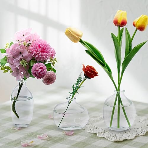 Miniatura 9 de Juego de 3 jarrones de vidrio ámbar, pequeños jarrones de vidrio para flores, jarrones vintage para centros de mesa, jarrón de flores a granel para