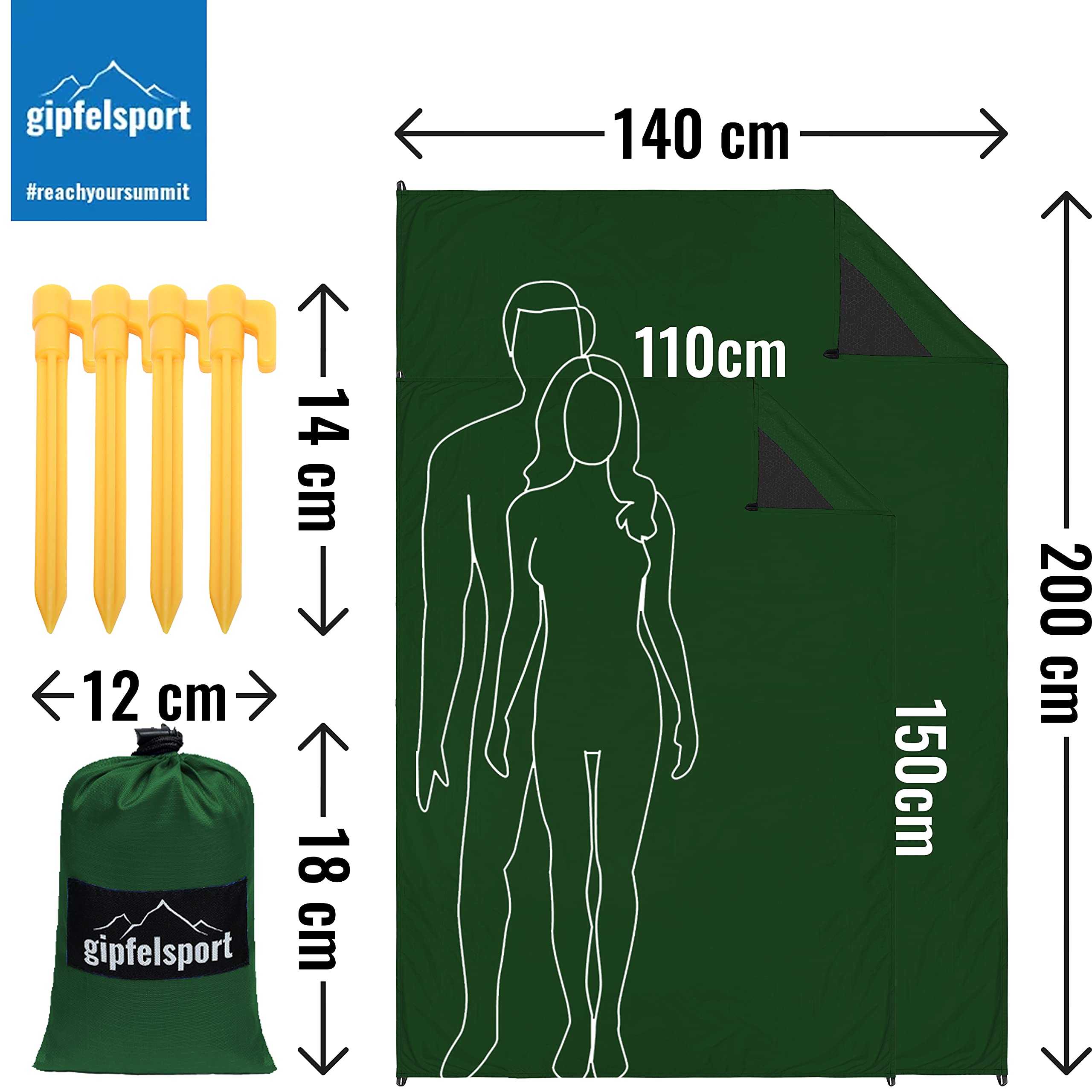 gipfelsport Coperta da Picnic - Coperta Montagna, Coperta da Spiaggia | Durevole, Portatile, Leggero, Impermeabile | 200x140cm | Verde