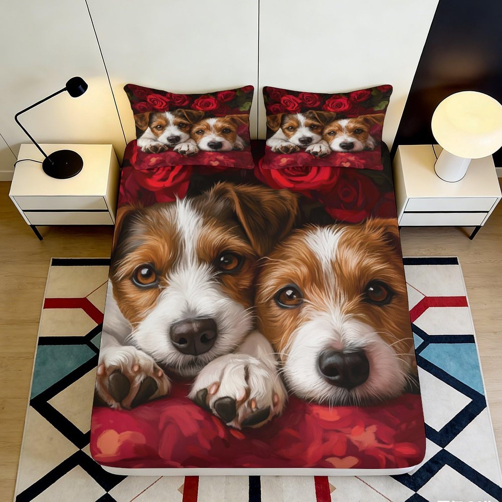 3D Printed Dog and Rose Fitted Sheet Microfiber Non Slip Bed Sheet Puppy Art Mattress Cover Bedroom Decor 120x200cm 160x200x25cm