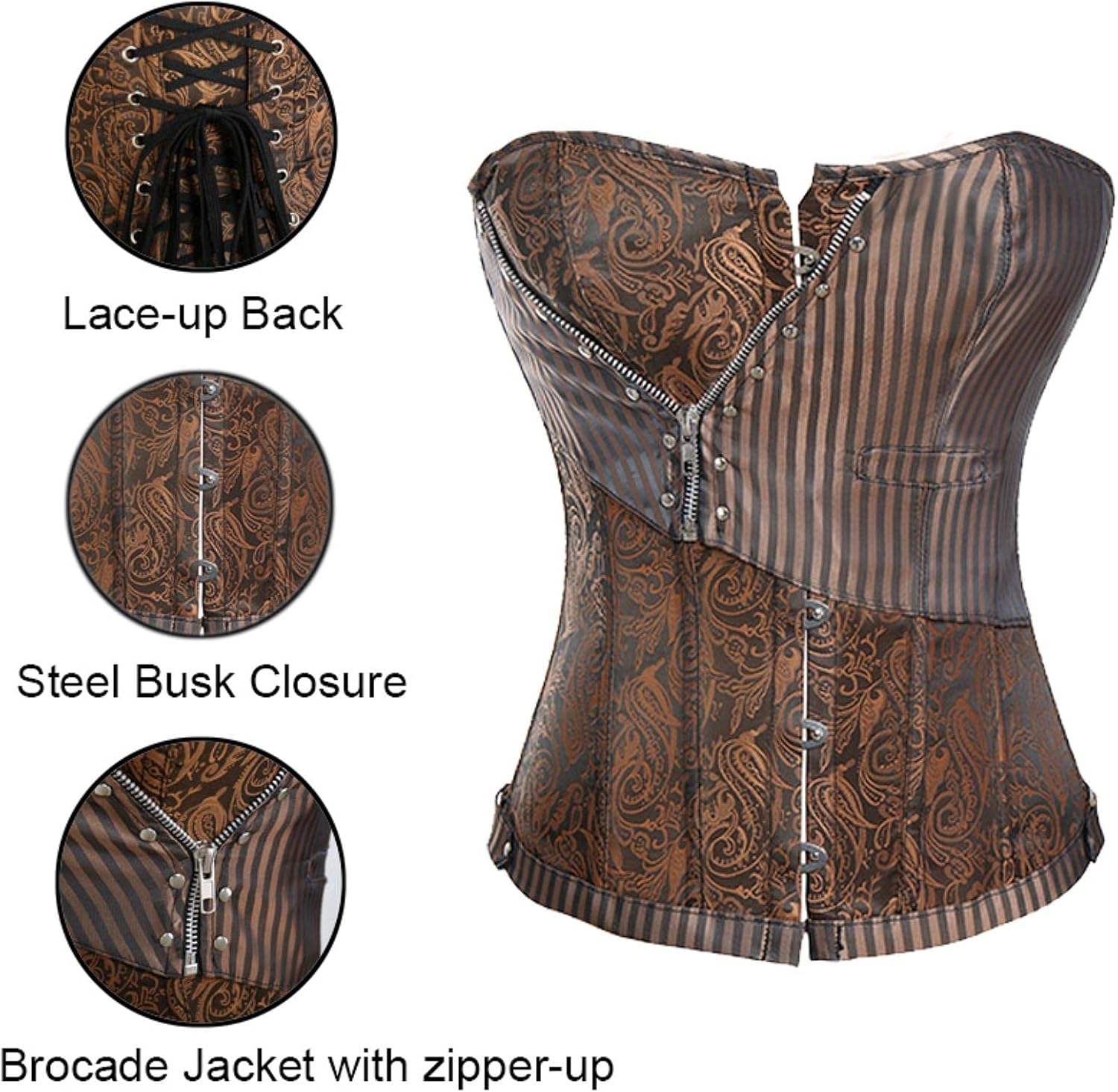 Miss Brown Corsets and bustiers Steampunk Corset Top Waist Gothic Clothing Corselet Brocade Zip Patchwork S-2XL(Dark Red,Large)