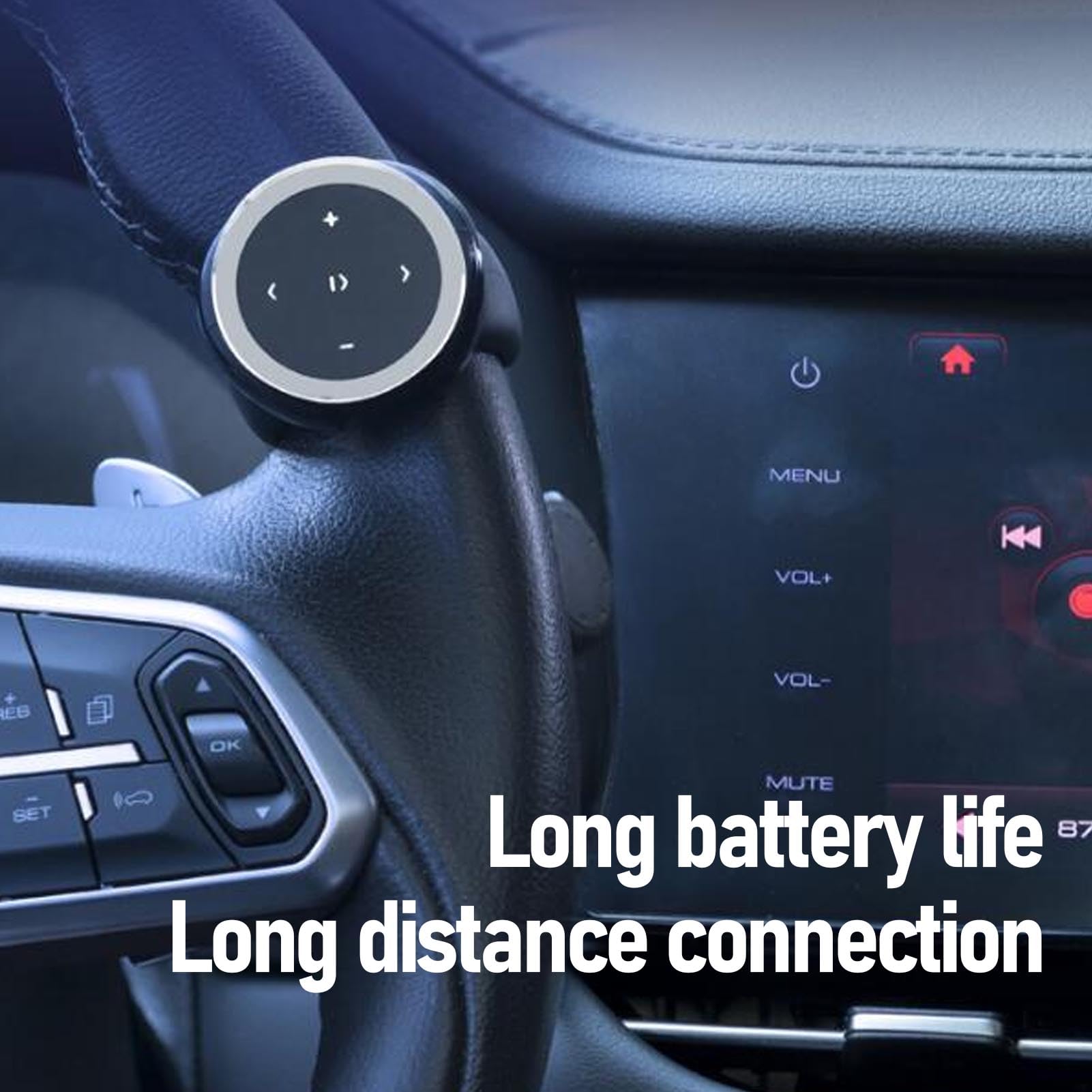 Control Remoto Inalámbrico Bluetooth para Música Y Selfies con Soporte para Volante para Coche. Reproducir Música, Pausar, Saltar, Ajustar Volumen.