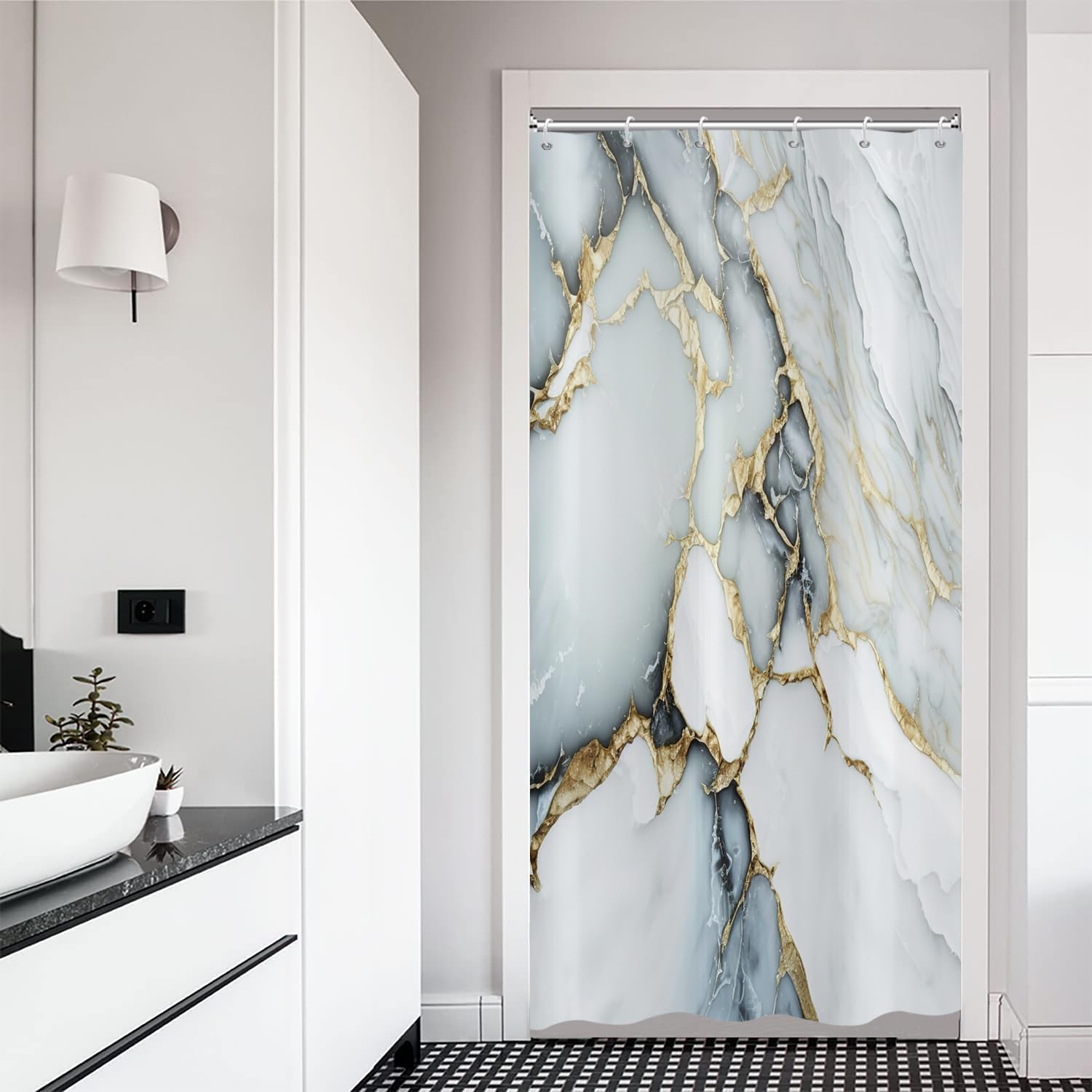 ASDCXZ Shower Curtain Marble 90x180 cm, Modern Abstract White Gold Cyan Marble Optic Texture Washable Bath Shower Curtains Polyester Textile Waterproof Shower Curtain for Bathtub with 6 Hooks — image 1