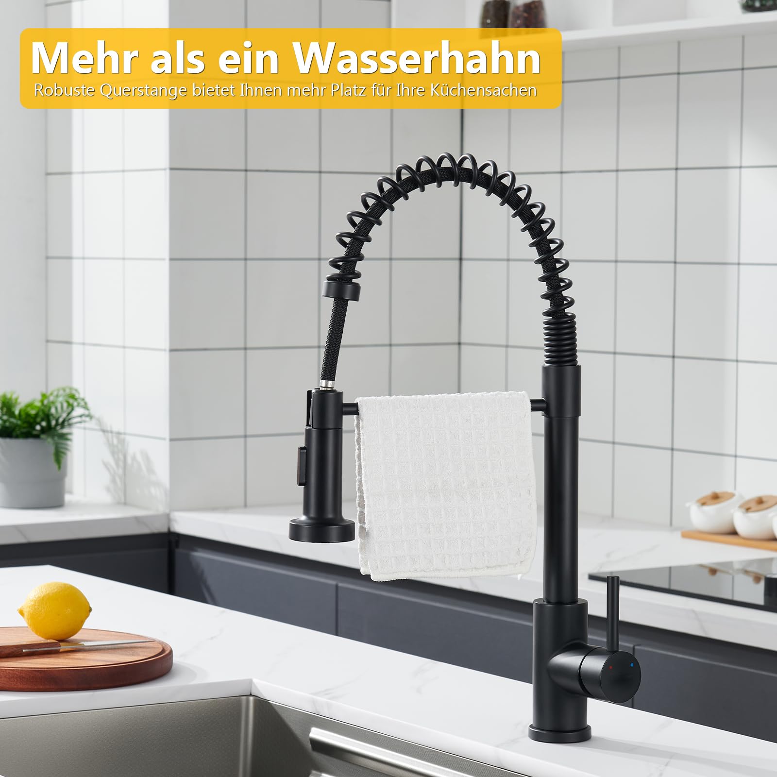 Küchenarmatur Ausziehbar ohne Wasserzulaufschlauch, Wasserhahn Küche Schwarz mit 2 Strahlarten Brause, Mischbatterie Küche Hochdruck, Edelstahl Armatur Küche 360° Schwenkbar Spültischarmatur