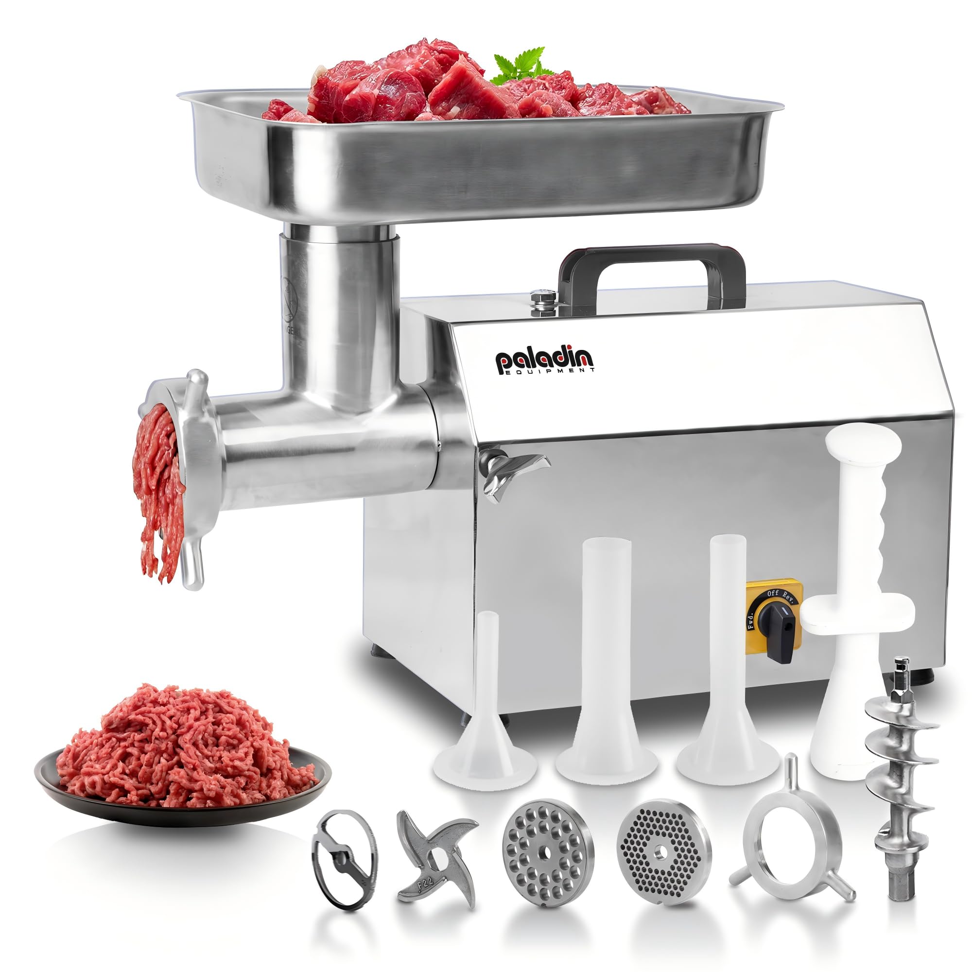 Paladin Euqipment Commercial Electric Meat Grinder 12 Inch 14 Lbs Per Minute 1 Heavy Duty Stainless Steel Meat Grinder with Sausage Filler, Great for Processing