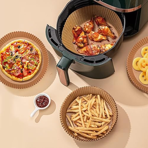 Miniatura 5 de Puricon - 100 forros de papel desechables para freidora de aire, papel de pergamino redondo antiadherente de 7.9 pulgadas para hornear microondas,