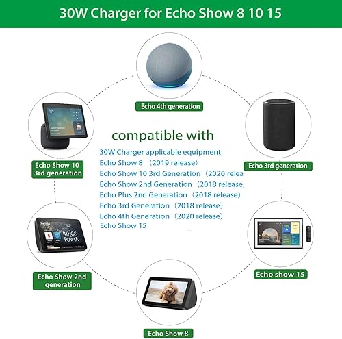 Miniatura 2 de Cargador adaptador de corriente alterna de 30 W para Alexa Echo Show 8 (1ª/2ª/3ª generación), Echo Show 10, Echo Show 15, Echo Show 21, Echo (3ª/4ª